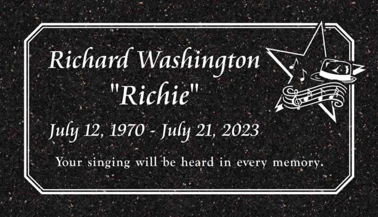 Granite gravestone with star, music notes, hat, and notched corner border