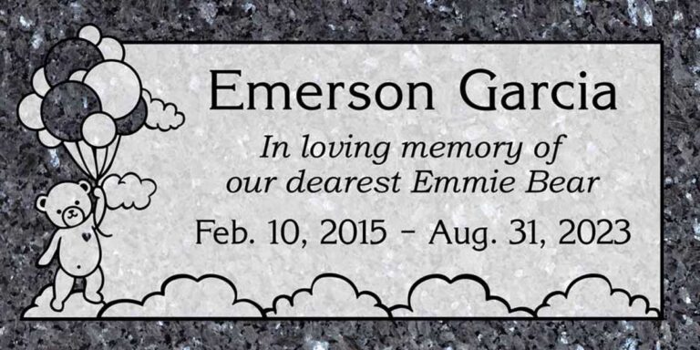 Granite gravestone with teddy bear holding balloons and fluffy clouds