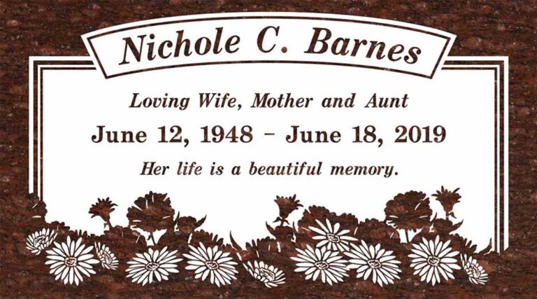 Granite headstone with banner header and wildflower daisies along bottom