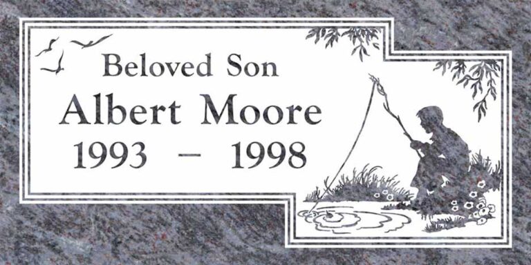 Granite headstone with boy fishing under willow tree and birds