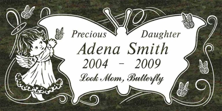 Granite headstone with butterfly-shaped panel, angel, and scrollwork