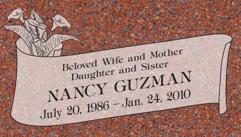 Granite headstone with calla lilies and scroll parchment banner