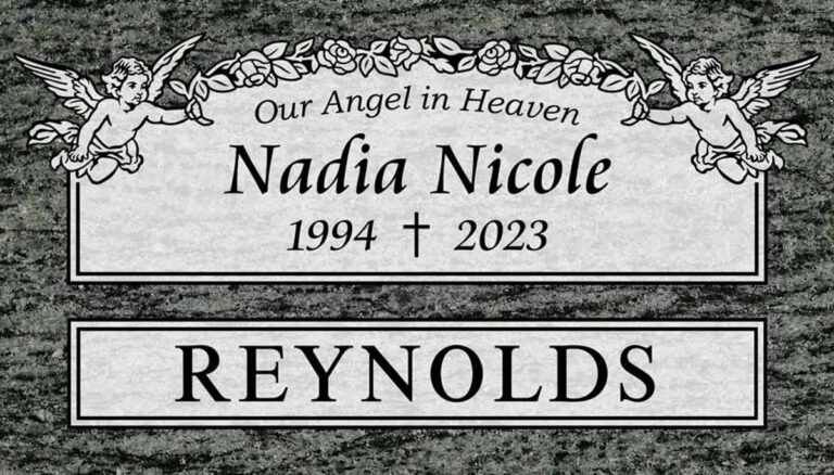 Granite headstone with cherubs, roses garland, cross, and upright panel