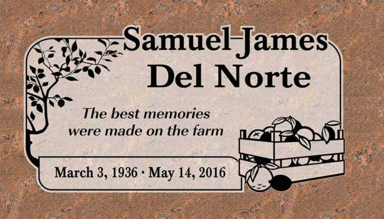 Granite headstone with citrus tree and fruit crate farm theme