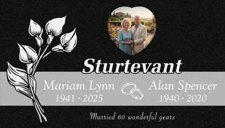 Granite companion headstone with calla lilies, heart portrait, and wedding rings