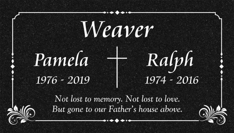 Granite companion headstone with diamond accents and scrollwork border