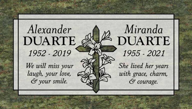 Granite companion headstone with cross, lilies, and double border