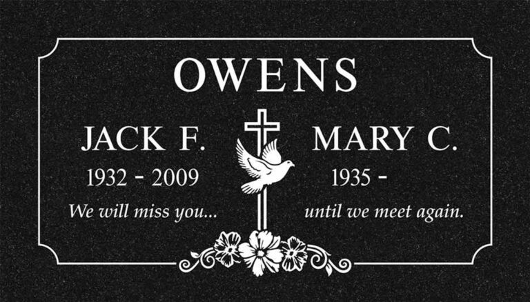 Granite companion headstone with dove, cross, flowers, and scalloped border