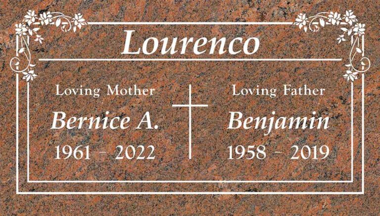 Granite companion headstone with floral vine accents and scrollwork border