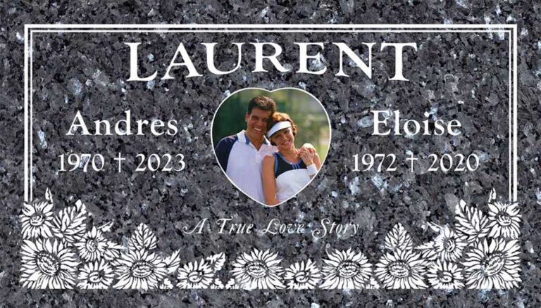 Granite companion headstone with heart portrait, sunflowers, and crosses