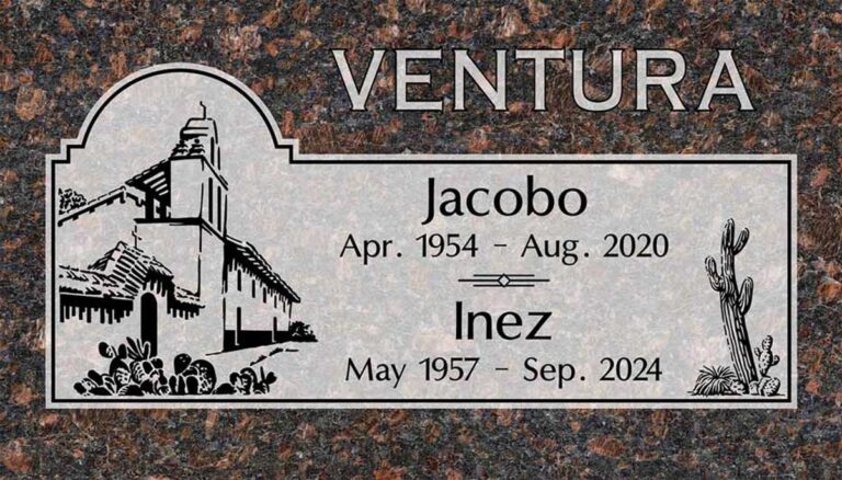 Granite companion headstone with mission church, cactus, and desert scene