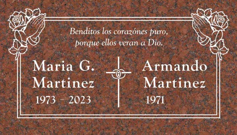 Granite companion headstone with praying hands, roses, and cross
