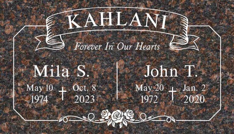 Granite companion headstone with scroll banner and rose accents