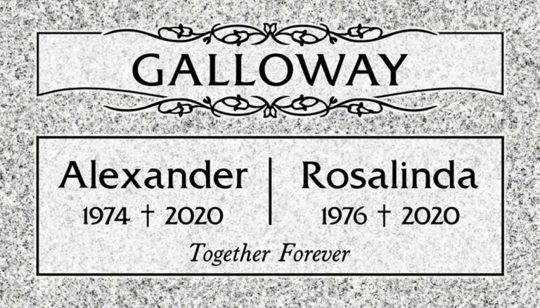 Granite companion headstone with vine scroll divider and banner panel