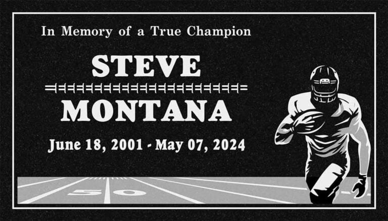 Granite headstone with football player running on field at the 50 yard line