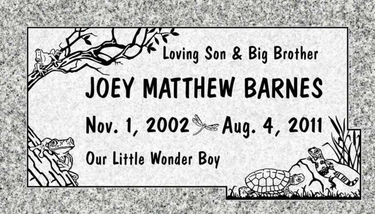 Granite headstone with frog on branch, turtle, and dragonfly