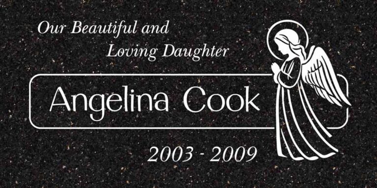 Granite headstone with praying angel and halo