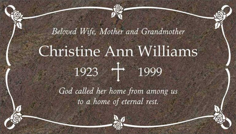 Granite headstone with rose corners and curved frame border