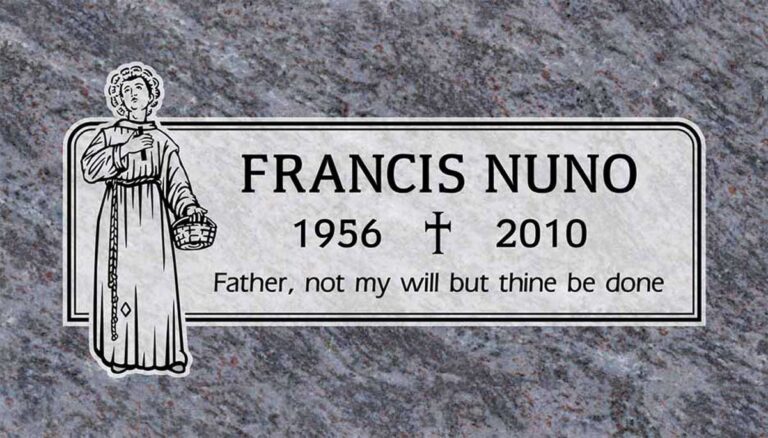 Granite headstone with Saint Francis and cross