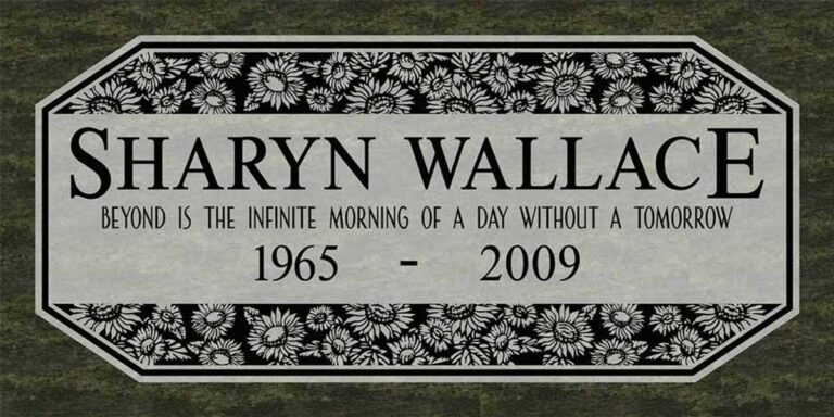Granite headstone with sunflower pattern border and octagon-shaped panel
