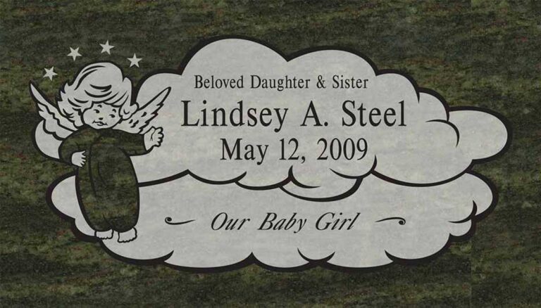 Granite memorial with baby angel resting on cloud among stars