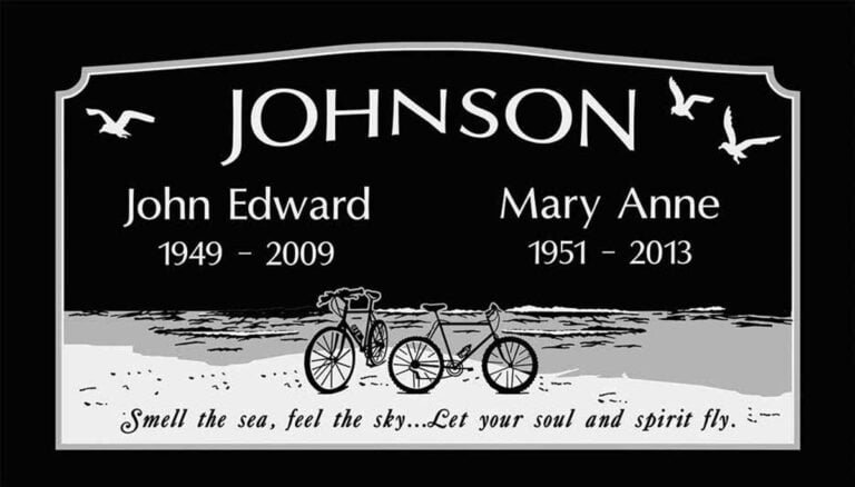 Granite companion memorial with beach, bicycles, seagulls, and arched panel
