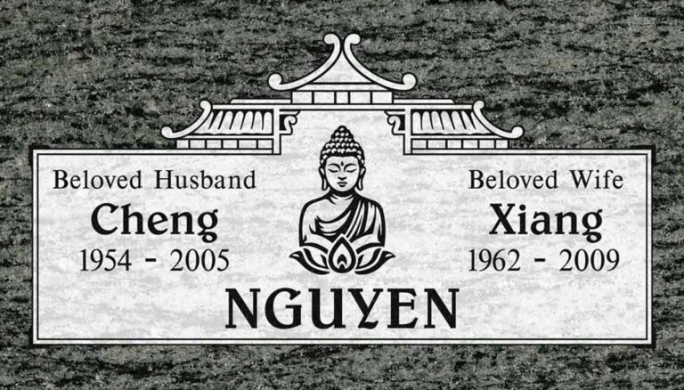 Granite companion memorial with Buddhist temple and lotus flowers