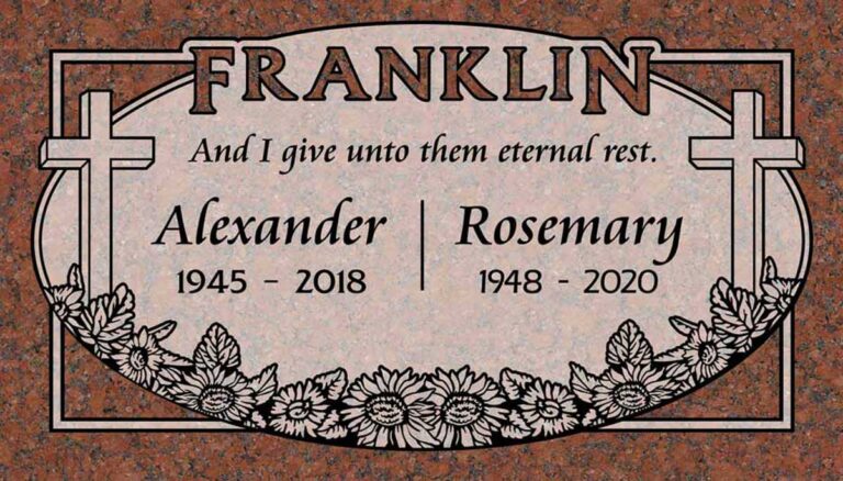 Granite companion memorial with crosses, sunflowers, and oval border