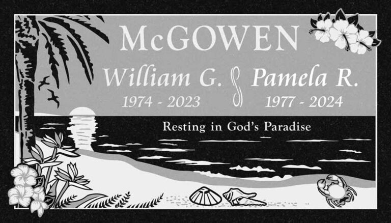 Granite companion memorial with palm tree, beach sunset, hibiscus, and seashells