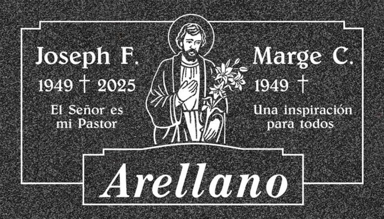 Granite companion memorial with Saint Joseph, lilies, and crosses