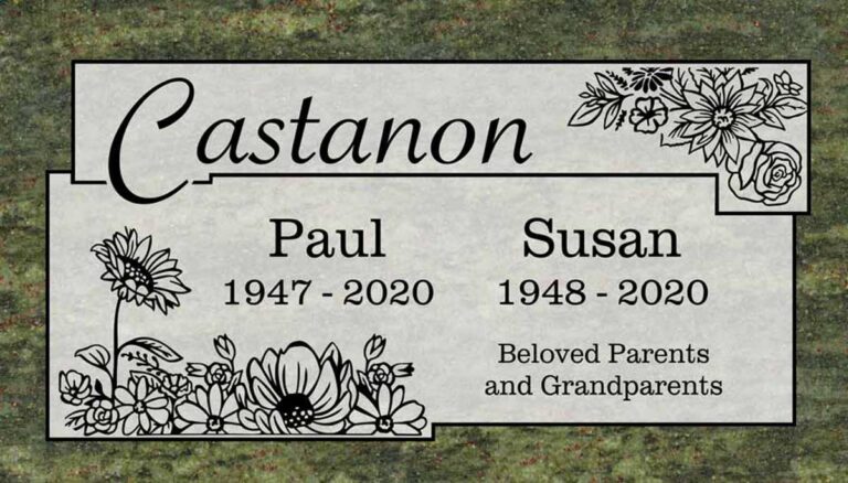Granite companion memorial with wildflowers, sunflowers, and roses
