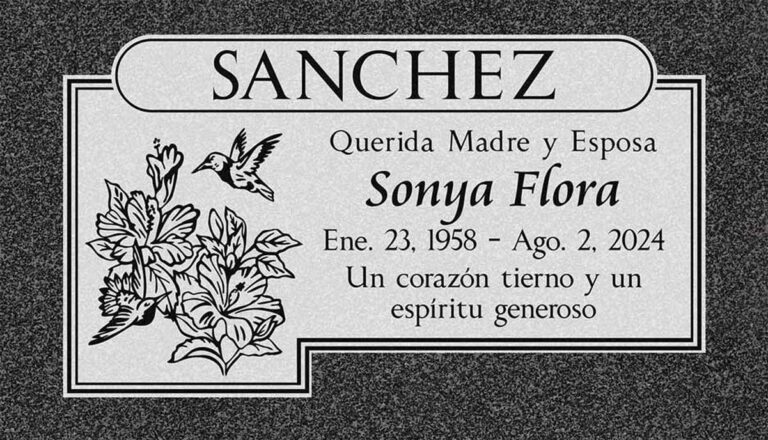 Granite memorial with hummingbird, roses, and notched corner ornate border