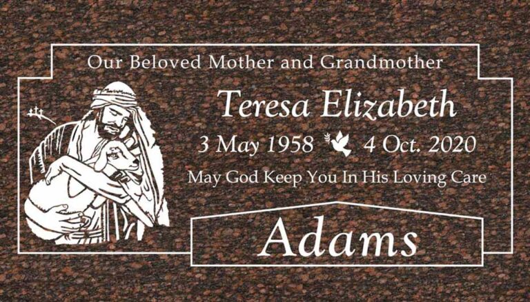 Granite memorial with Jesus, lamb, dove, and scalloped border