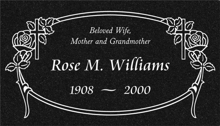 Granite memorial with roses, cross, and oval border