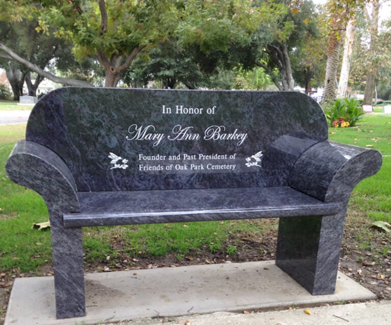 Granite memorial bench at Oak Park Cemetery in Claremont
