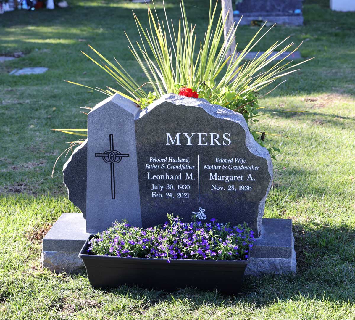 Companion granite monument with cross and natural rock edge, built-in flower planter, for the Myers family at Oak Park Cemetery