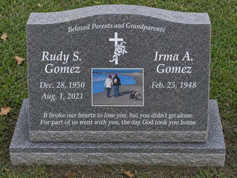 Granite slant memorial with cross and roses and color photo portrait at Oak Park Cemetery in Claremont