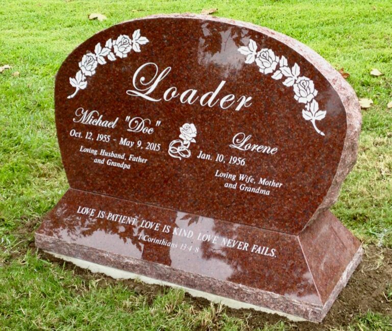 Companion granite monument in oval shape with rose etchings at Oak Park Cemetery in Claremont