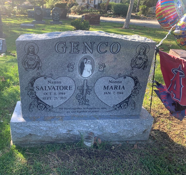 Companion granite monument with Sacred Heart and Virgin Mary etchings and porcelain photo at Oak Park Cemetery in Claremont