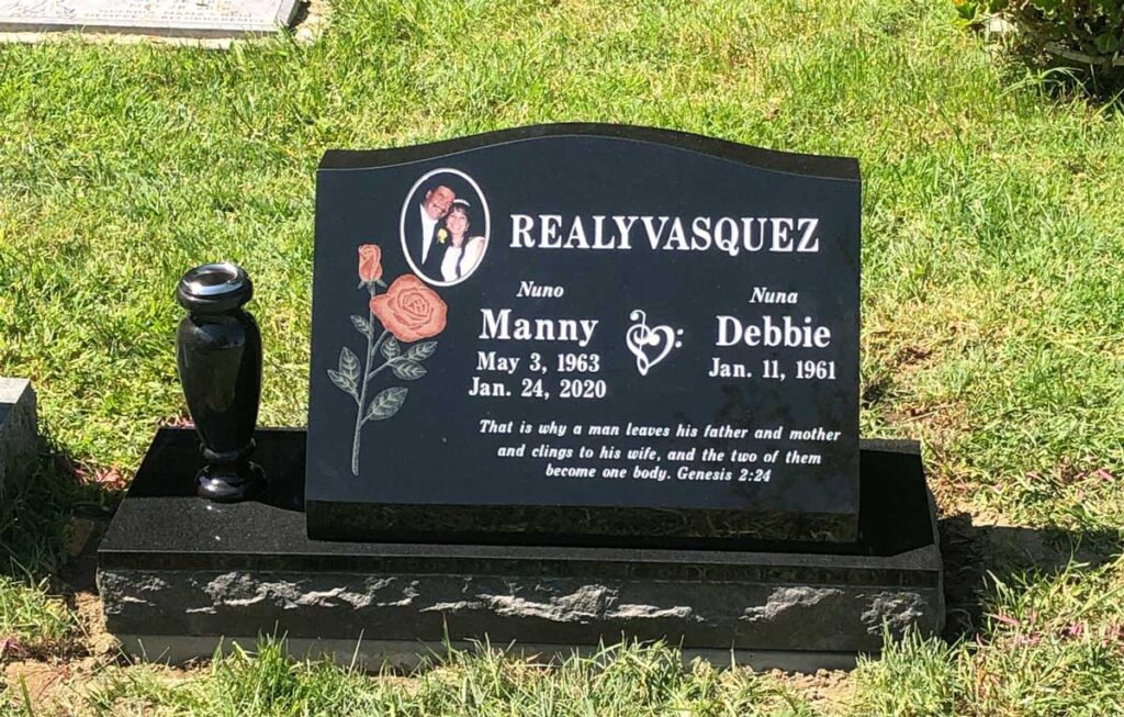 Granite slant memorial with sculpted rose and porcelain portrait and granite vase at Oak Park Cemetery in Claremont