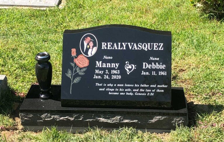 Granite slant memorial with sculpted rose and porcelain portrait and granite vase at Oak Park Cemetery in Claremont