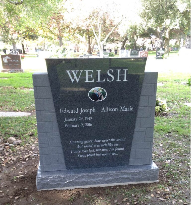 Companion granite monument with polished and rough-cut column accents at Oak Park Cemetery in Claremont