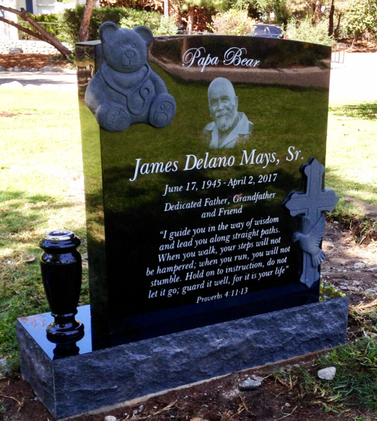 Granite monument with teddy bear carving and porcelain portrait at Oak Park Cemetery in Claremont