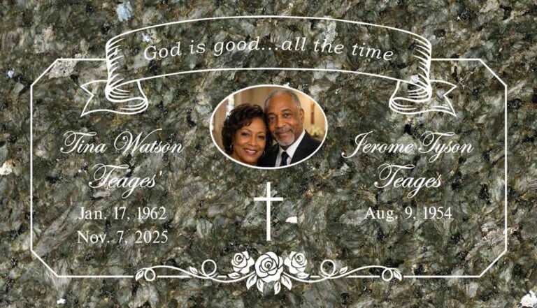 Banner, Portrait & Roses in Emerald Pearl Granite