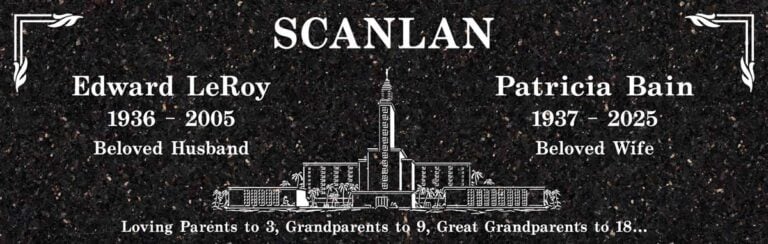 Galaxy Black granite companion headstone with a temple design at Rose Hills Memorial Park