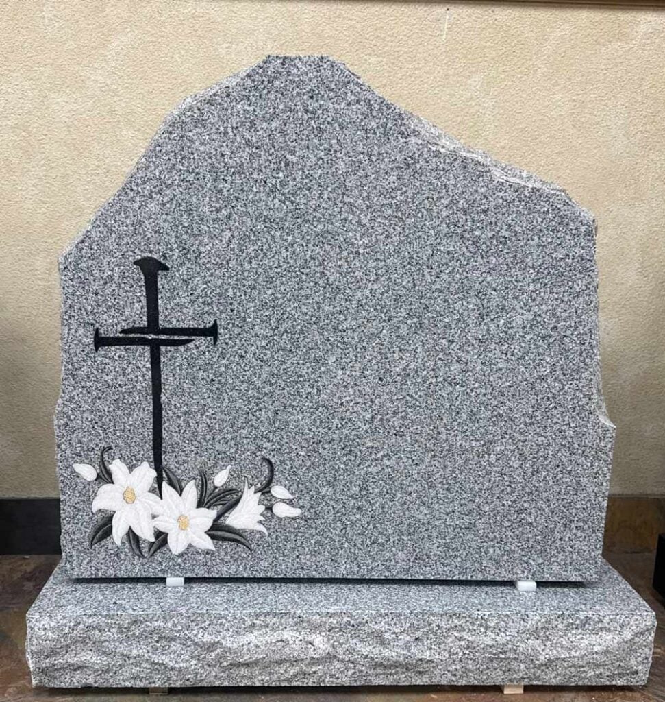 Natural Edge Monument with Cross & Lilies in Southern White Granite
