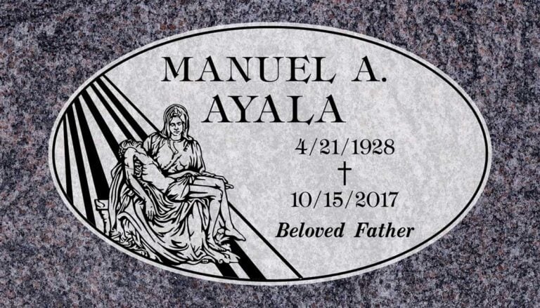 Paradiso granite memorial with oval Pieta design at Holy Sepulcher Cemetery in Orange