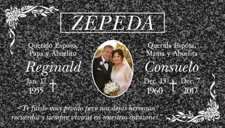 Oxford Regal granite memorial with wedding photo portrait and rose corners at Holy Sepulcher Cemetery in Orange