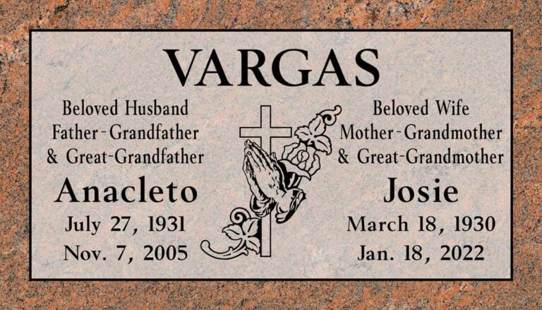 Red Multicolor granite memorial with praying hands and rose design at Holy Sepulcher Cemetery in Orange