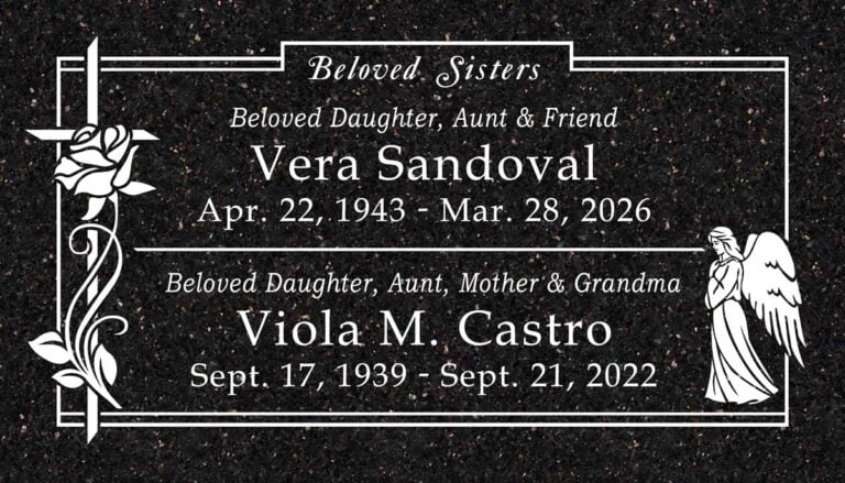 Galaxy black granite companion memorial with cross and guardian angel design at Oakdale Memorial Park in Glendora.